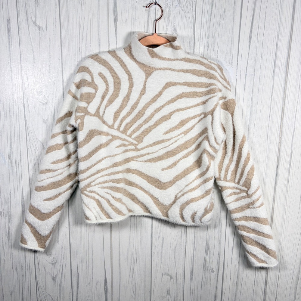CYNTHIA ROWLEY Cream & Tan Zebra Mock Neck Sweater, XS